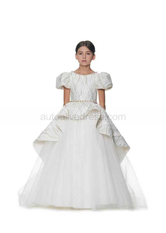 Beaded Puff Sleeves Ivory Lace Tulle Vintage Flower Girl Dress
